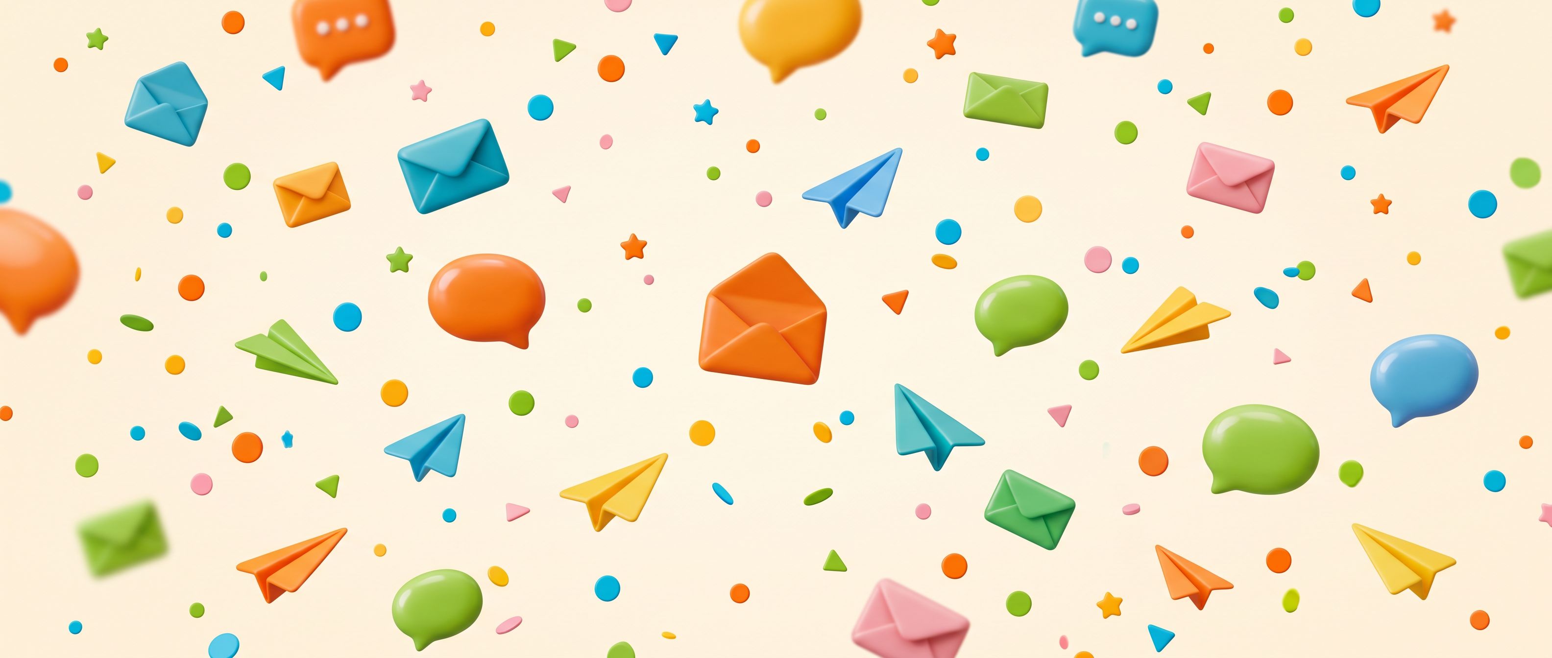 Colorful 3D confetti of envelopes, planes and chat bubbles