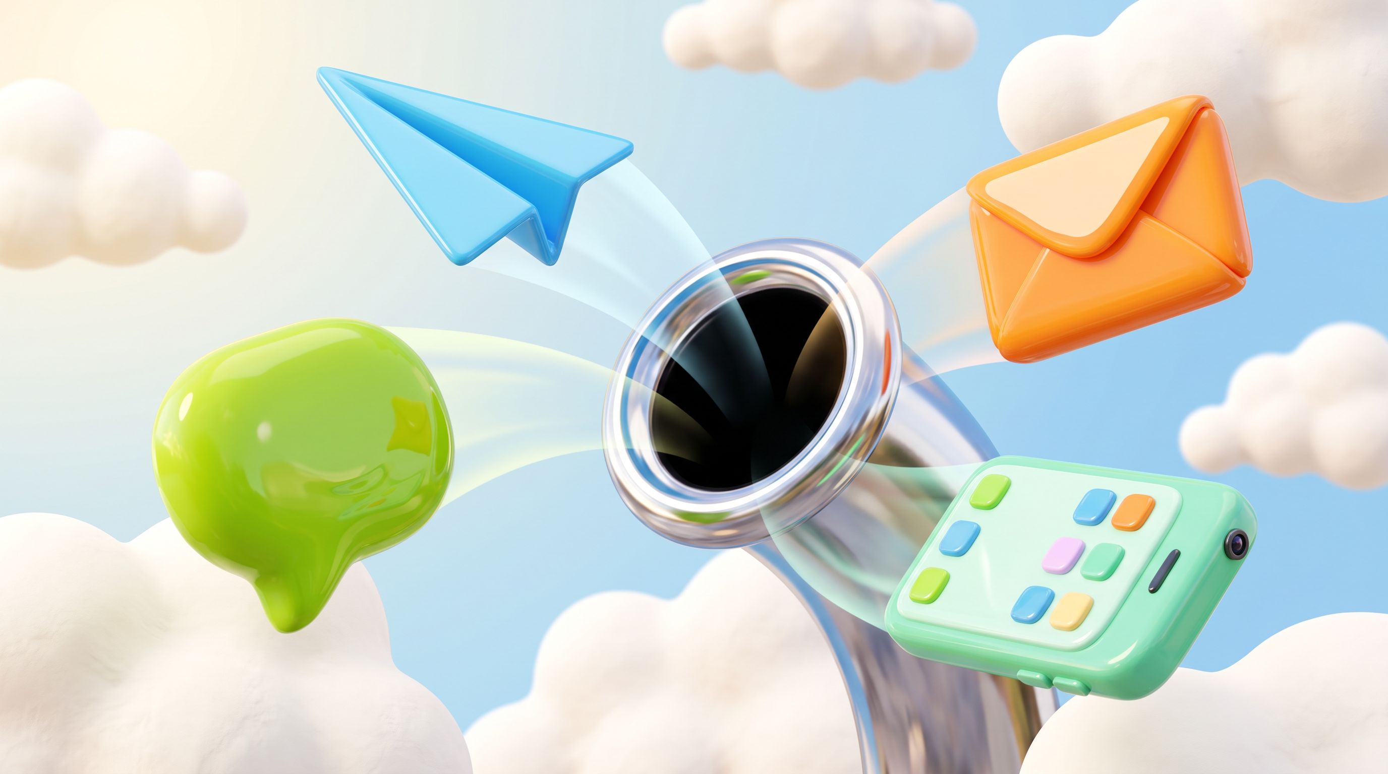 Playful 3D chat bubbles, paper plane, envelope and phone funneling into one pipe