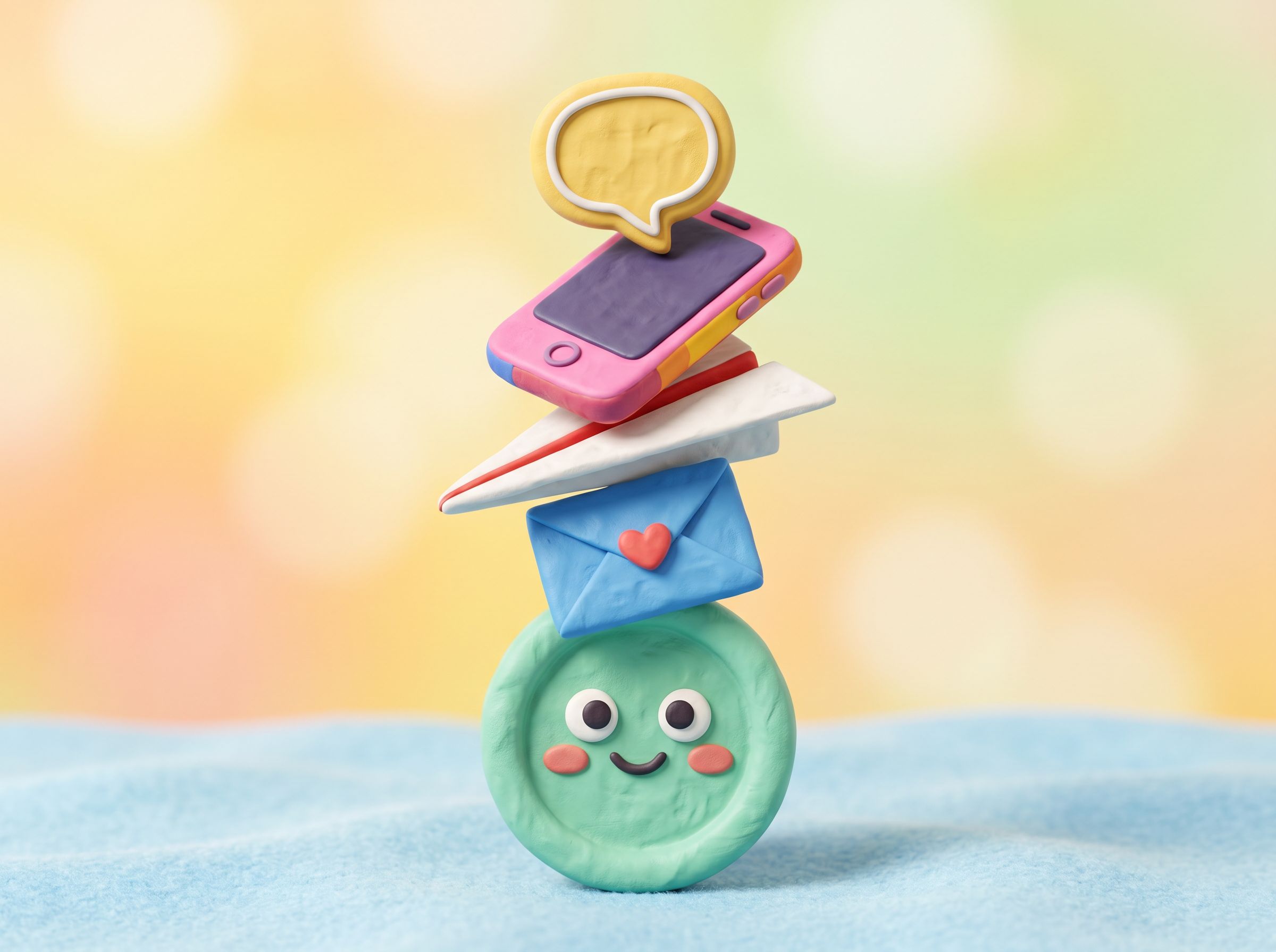 Phone, plane, envelope and chat bubble balanced on one button
